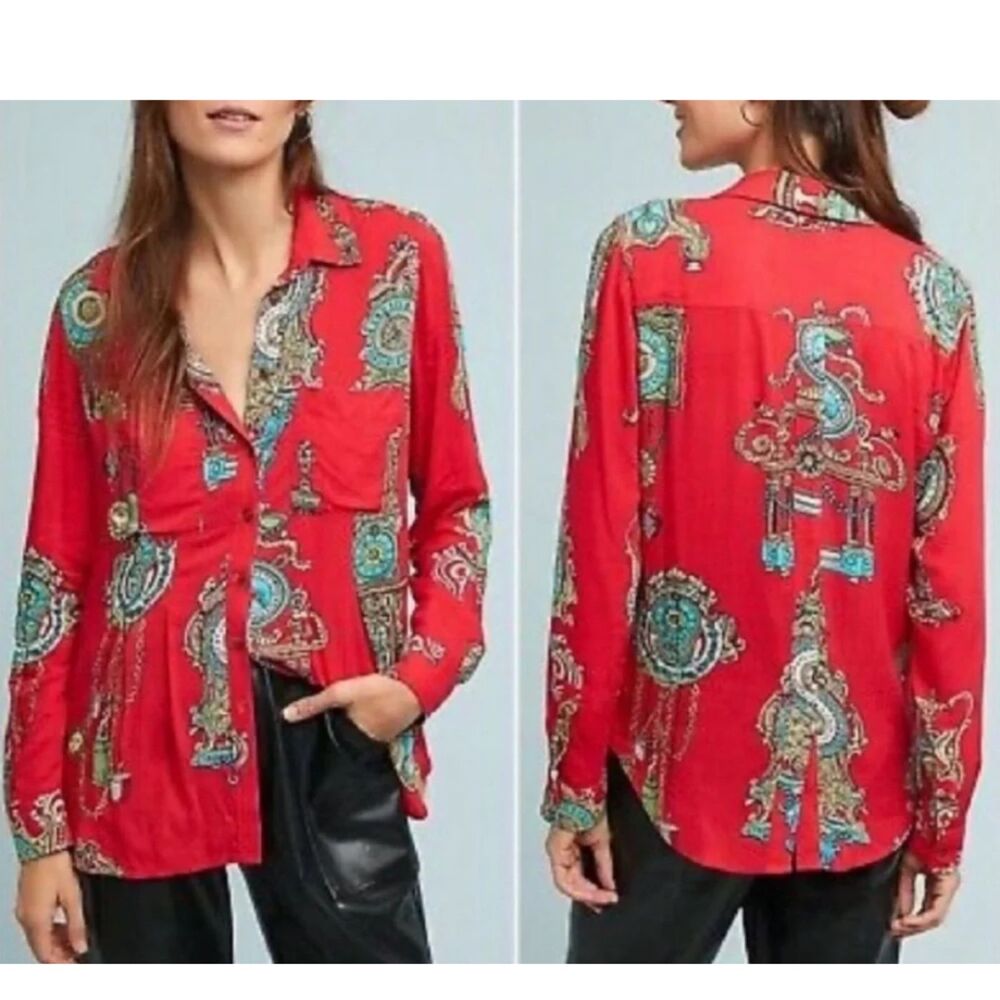 Maeve Anthropologie Whimsy Antique Clock Print Red Button-Up Blouse. Size 2